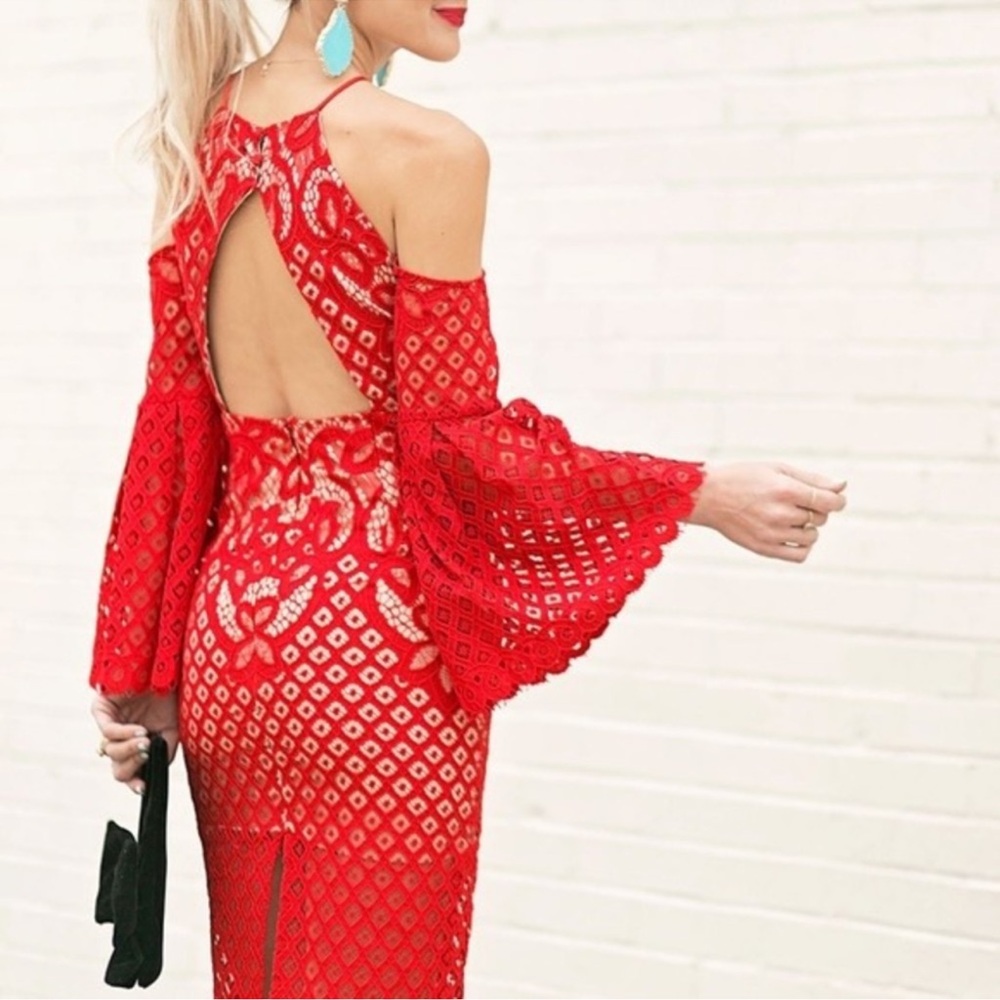 NWT Bardot Mila Red Lace Open Back Midi Dress size 4/xs